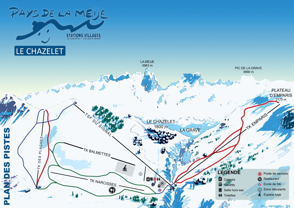 Plan des pistes du domaine skiable du Chazelet La Grave